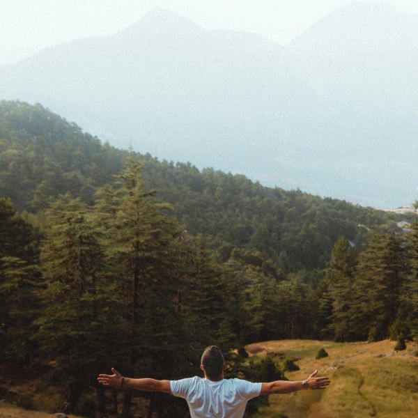 A person stretches arms wide, enjoying a forested mountain view.