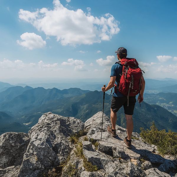Hiker with red backpack stands on rocky summit overlooking mountain range.