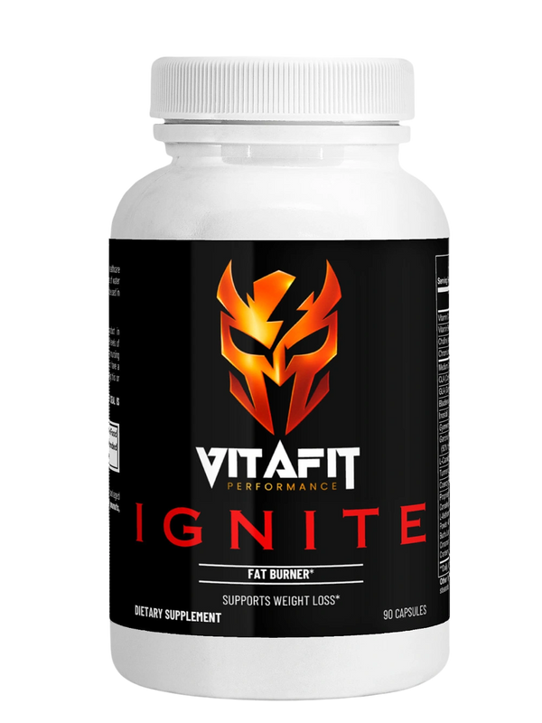 VitaFit Performance IGNITE fat-burning pre-workout supplement bottle on black background.