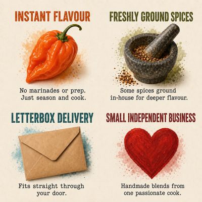 Four benefits of a spice blend: instant flavor, fresh spices, mail delivery, and small business support.