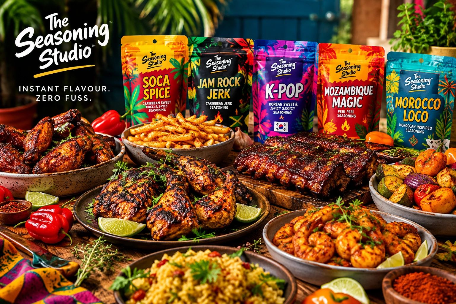 Colourful spread of food & spice pouches.