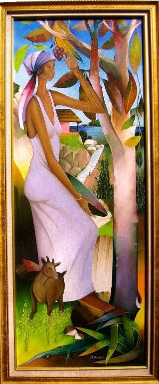 Jacques Enguerrand Gourgue "Femme Haitienne Chez Lui" 16"x40" oil on canvas $3,500.00