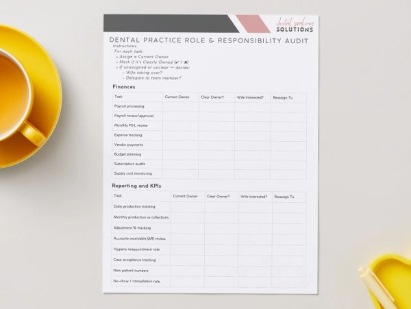 Dental practice role and responsibility audit form beside a cup of coffee.