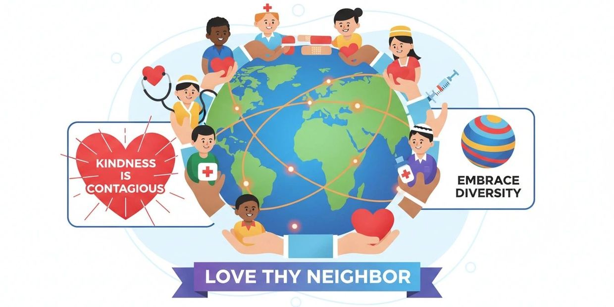 Illustration of diverse people around the globe promoting kindness, health, and love.