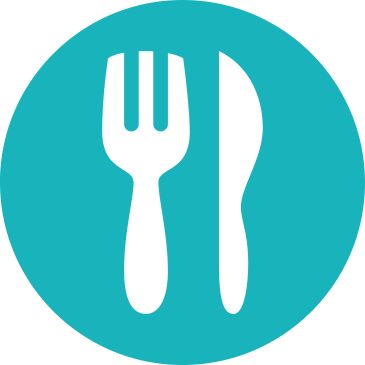 White fork and knife icon on a teal circular background.