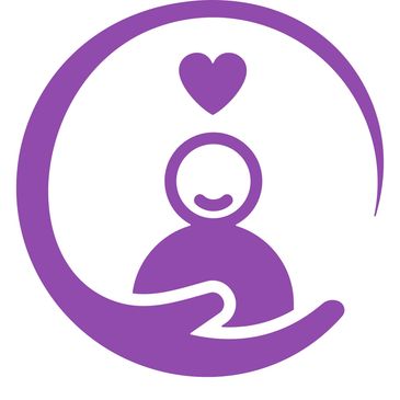 Purple icon of a person embraced by a hand with a heart above.