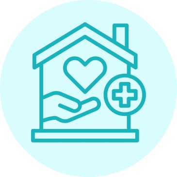 Icon of a house with a hand, heart, and medical cross symbol.