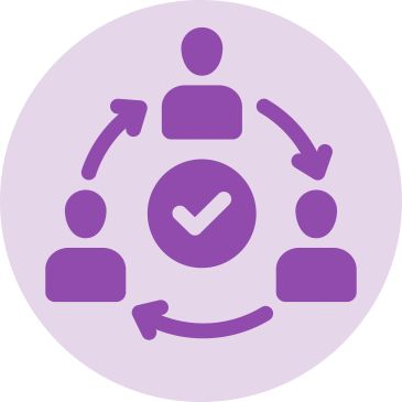 Purple teamwork icon with three people connected by arrows and a checkmark.