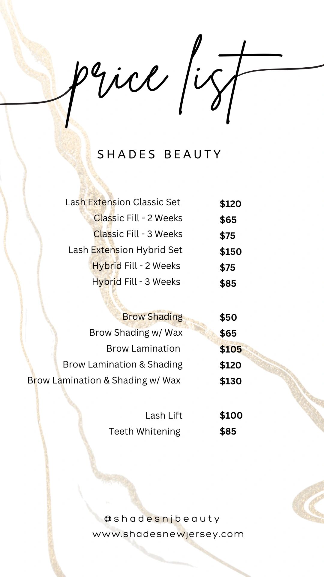 Price list for beauty services at Shades Beauty.