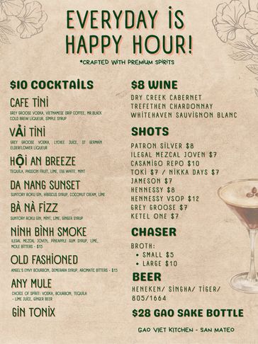 Happy Hour Times:
Mon, Wed & Thur: 4:30–6:00 PM
Fri: 2:00- 3:00 PM/ 5-6PM
Sat & Sun: 2:30-3:30 PM
