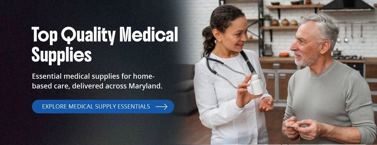 Healthcare professional advising elderly man on medical supplies at home.