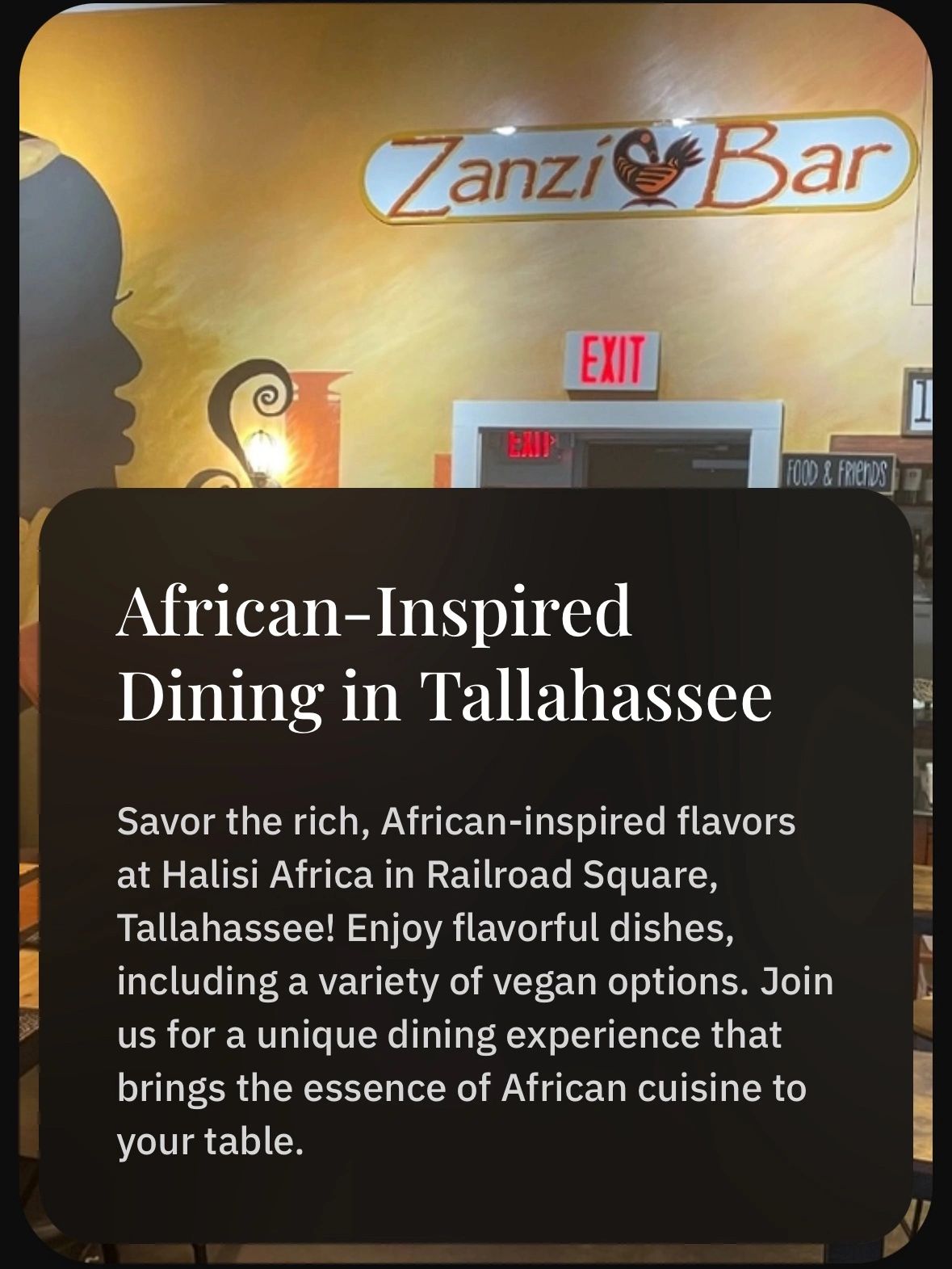 Mural with text - savor the rich African inspired flavors at Halisi AFRICA in Railroad Square, Talla
