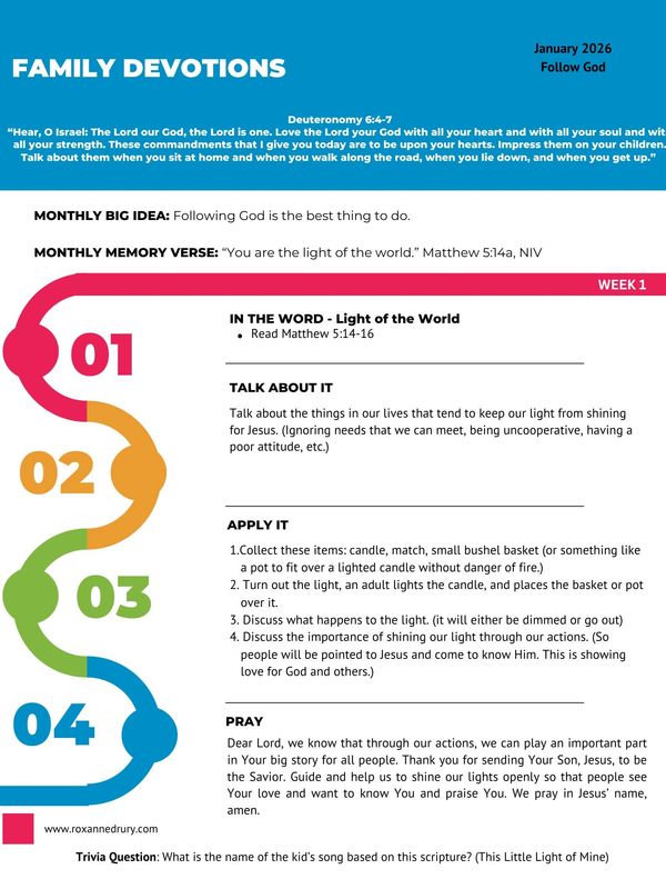 Family devotional guide for January 2026 on following God and being the light of the world.