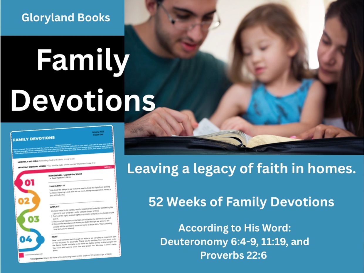 Family Devotions book promoting faith in homes with weekly scripture readings.