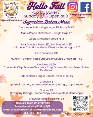 Sugarplum Bakers Fall Pop Up Bakery menu with baked goods and contact details.