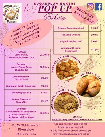 Sugarplum Bakers pop-up event flyer with bakery items and prices.