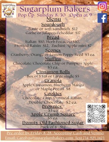 Sugarplum Bakers pop-up menu with various baked goods and prices.