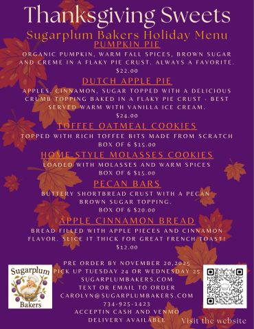 Holiday menu for Thanksgiving sweets from Sugarplum Bakers.