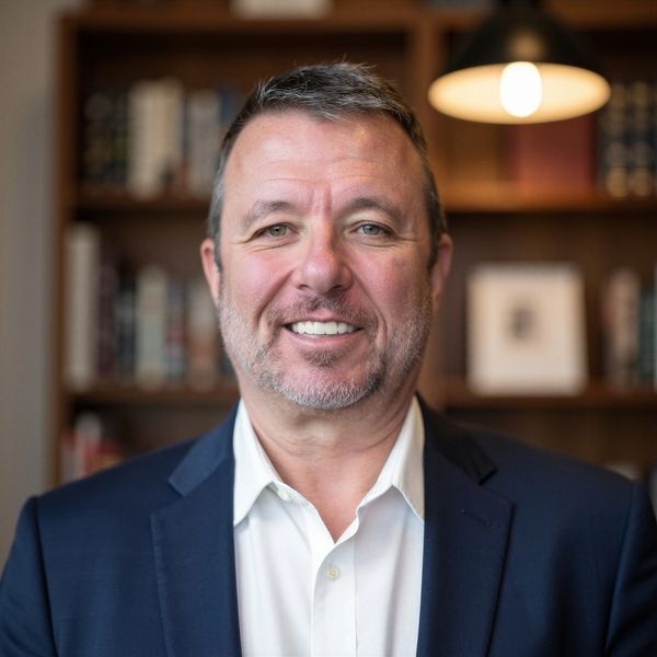 Smiling middle-aged man in a suit in a cozy office setting.