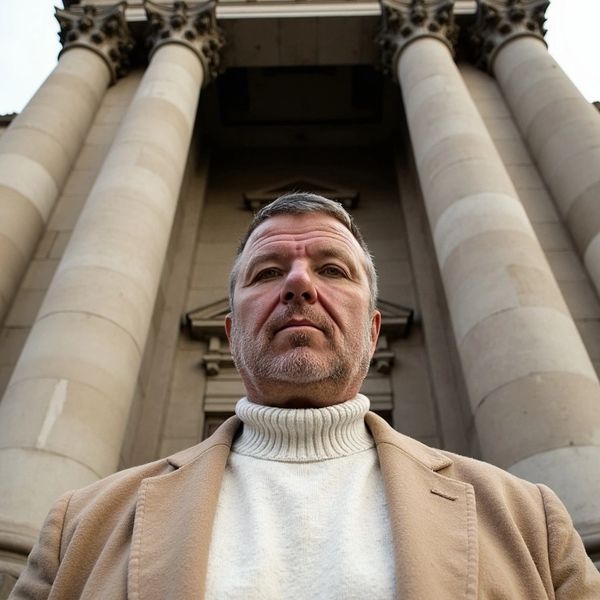 Man in a beige coat standing confidently in front of a grand neoclassical building.