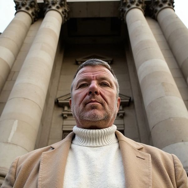 Man in a beige coat standing confidently in front of a grand neoclassical building.