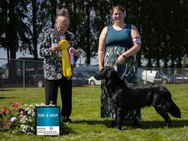 Woman and judge with black dog at a dog show.