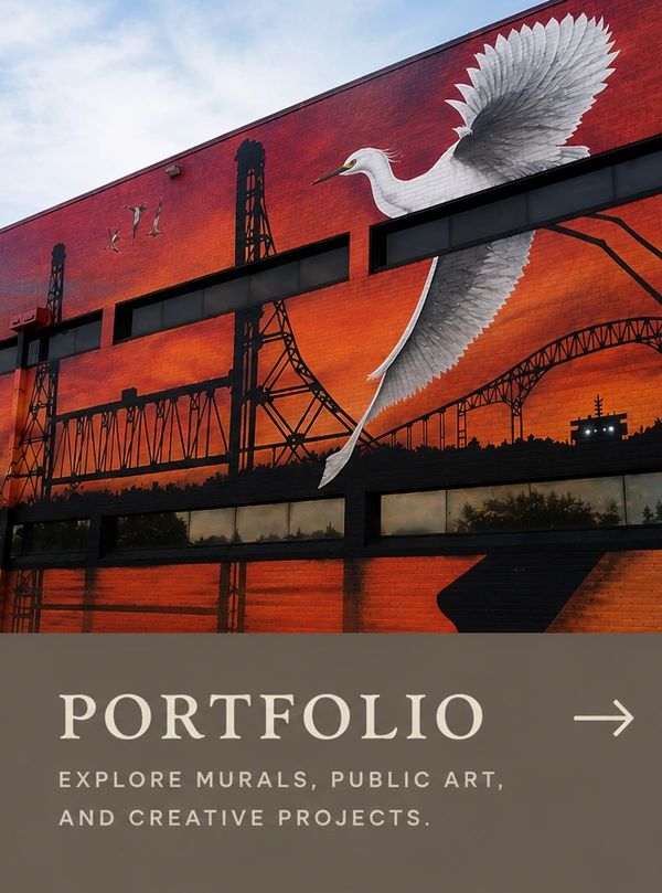 A mural of a large white bird flying over a bridge at sunset on a building wall.