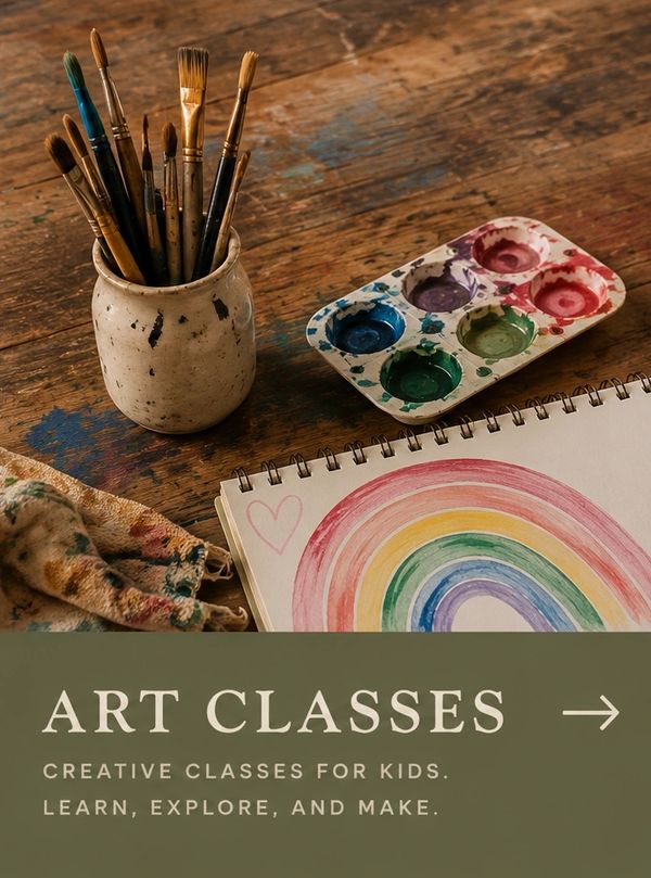 Art supplies and a rainbow painting promoting creative kids' art classes.