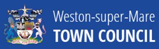 Logo of Weston-super-Mare Town Council with coat of arms on blue background.