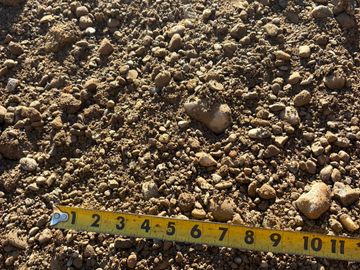 A measuring tape laid on rocky, uneven soil outdoors.