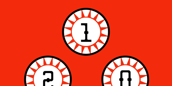 Three circular icons with numbers 1, 2, and 0 on a red background.
