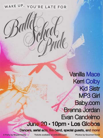 Event flyer for Ballet School Pride party at Los Globos on June 20 at 10pm.