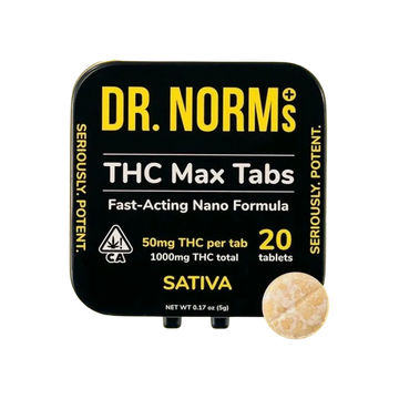 Dr. Norm's THC Max Tabs, 50mg THC per tablet, 20 tablets in a pack.