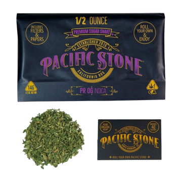 Pacific Stone PR OG Indica 1/2 ounce premium sugar shake with filters and papers.