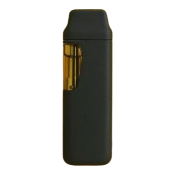 Black vape device with a transparent cartridge on the side.