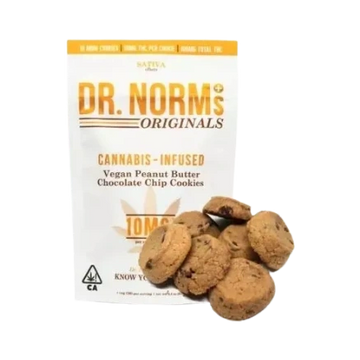 Package of cannabis-infused vegan peanut butter chocolate chip cookies.