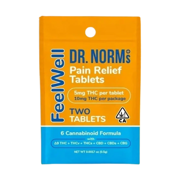 FeelWell Dr. Norm's Pain Relief Tablets with 5mg THC each, 2 tablets per package.