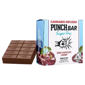 Cannabis-infused dark chocolate cherry Punch Bar, sugar-free and 100mg THC.