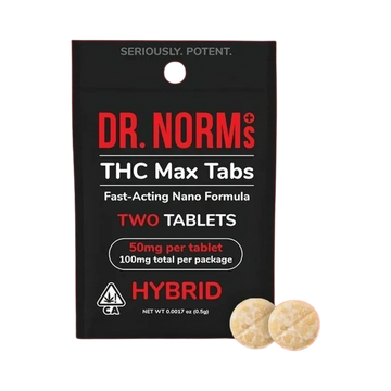 Dr. Norm's THC Max Tabs package with two 50mg hybrid tablets.