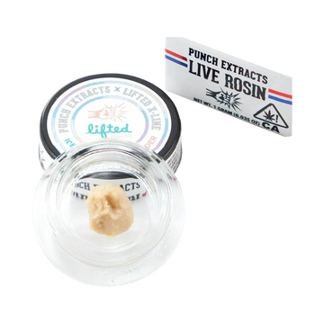Container of Punch Extracts Live Rosin cannabis concentrate with a small portion inside.