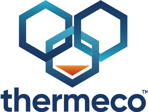 Logo of Thermeco featuring interconnected hexagons and gradient colors.
