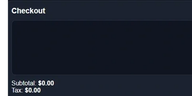 Checkout screen showing $0.00 subtotal and tax.