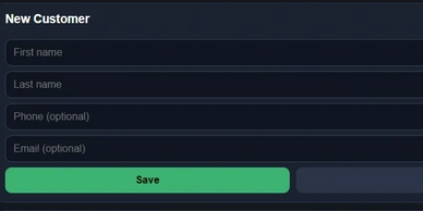 New customer form with fields for name, phone, email, and save button.
