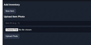 Inventory upload interface with file selection and upload buttons.