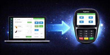 A laptop screen showing an order being processed to a payment terminal device.