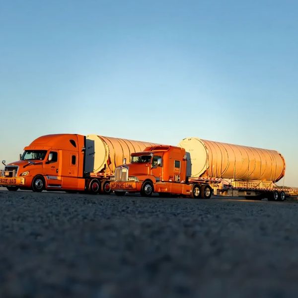 heavy haul truck transporting oversized over-dimensional equipment cargo; flatbed; step deck; RGN