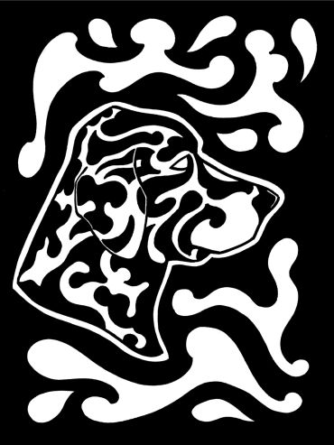 Abstract dog face with fluid patterns in black and white.