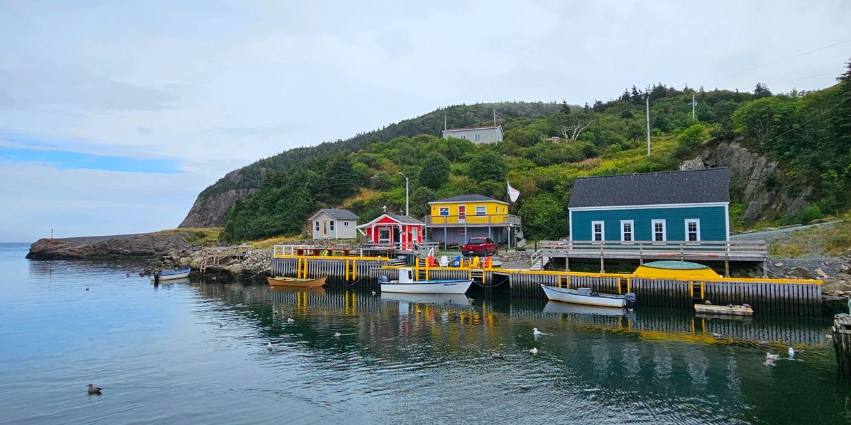 View of houses on the coast with the Atlantic ocean in front of it.