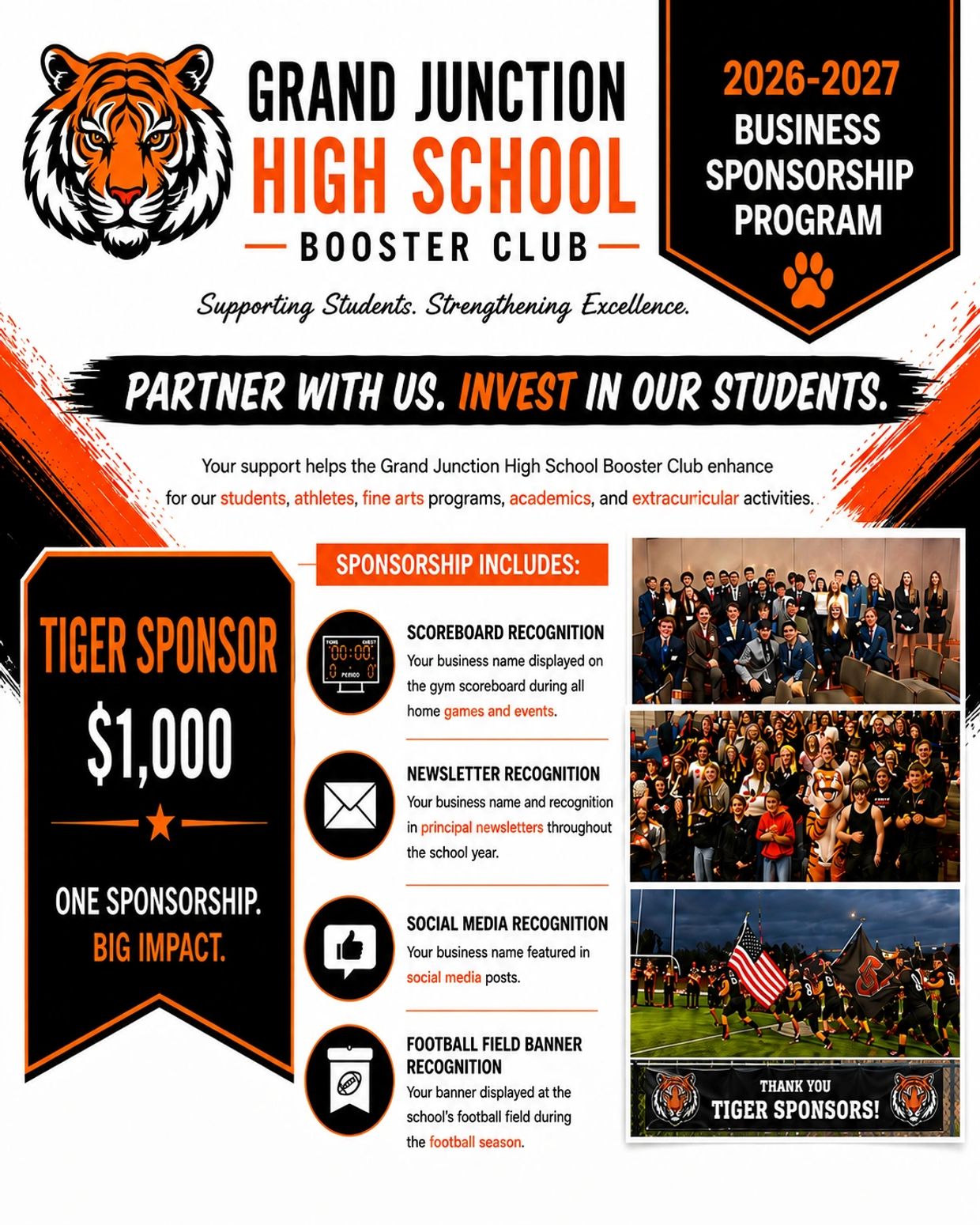 Grand Junction High School Booster Club Tiger Sponsor $1,000 business sponsorship benefits.