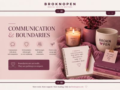 Mental health-themed communication boundaries visual with note, candle, and mug.